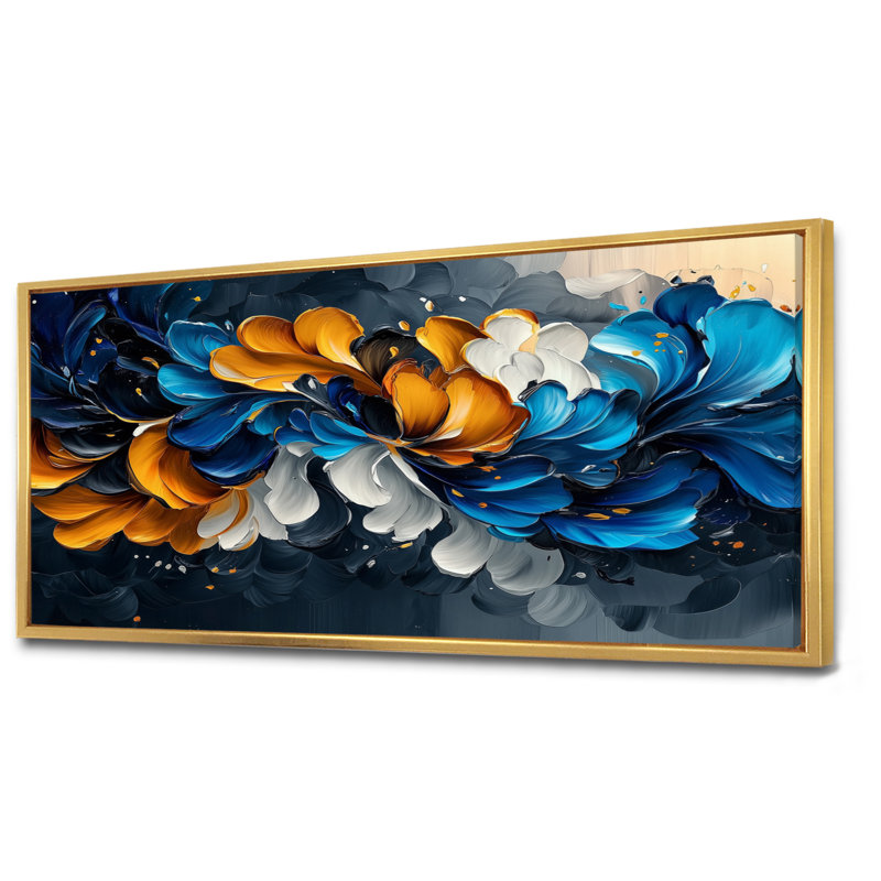 Bleu, orange, délicats pétales de fleurs en mouvement - fleurs, art mural, H 28 po x l 60 po, Cadre flottant, Doré