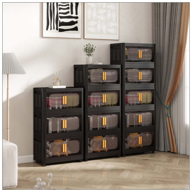Noir, armoire de rangement pliante latérale de 24 po de large, 4 niveaux, 23,62 po x 13,78 po x 48,43 po, bacs de rangement pliables avec porte magnétique, armoire de rangement en plastique avec roues