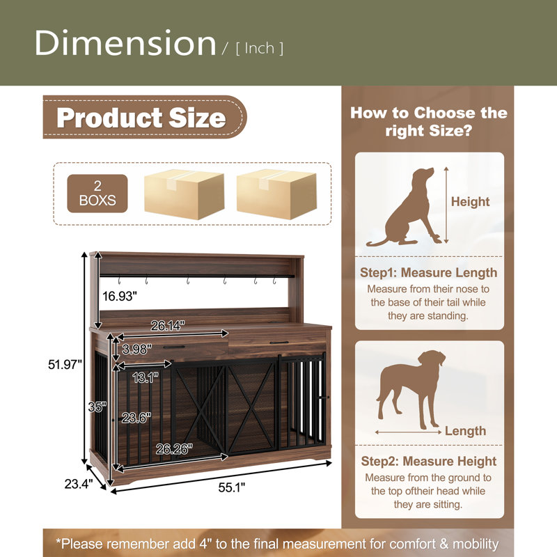 Meuble pour cage de chien 55,1 "pour grands ou 2 chiens moyens, table cage robuste avec 2 tiroirs de rangement et tablettes