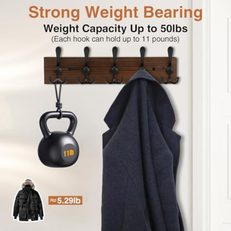 Wooden Coat Rack Wall Mount Heavy Duty, 2 Pack Coat Hanger Wall Mount with 5 Triple Hooks for Clothes, Jacket, Hat, Keys, Space Saving Entryway Organizer for Mudroom (‎Brown Plate & Black Hooks)