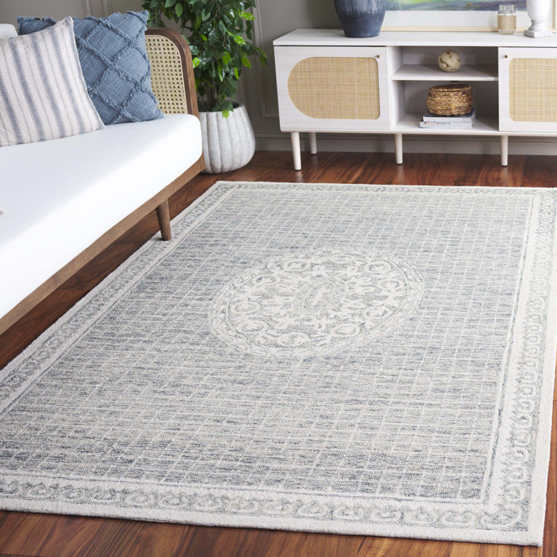 Fernet Ebony Hand Tufted Wool & Cotton Damask Rug, Rectangle 5' x 8'