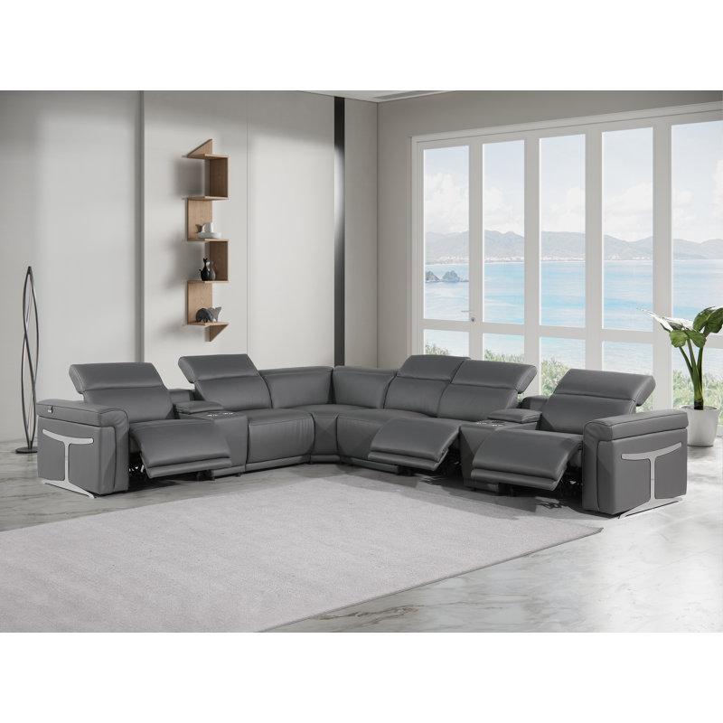 Suhur 8 - Piece Top Grain Italian Leather Power Reclining Sectional, Gray Genuine Leather