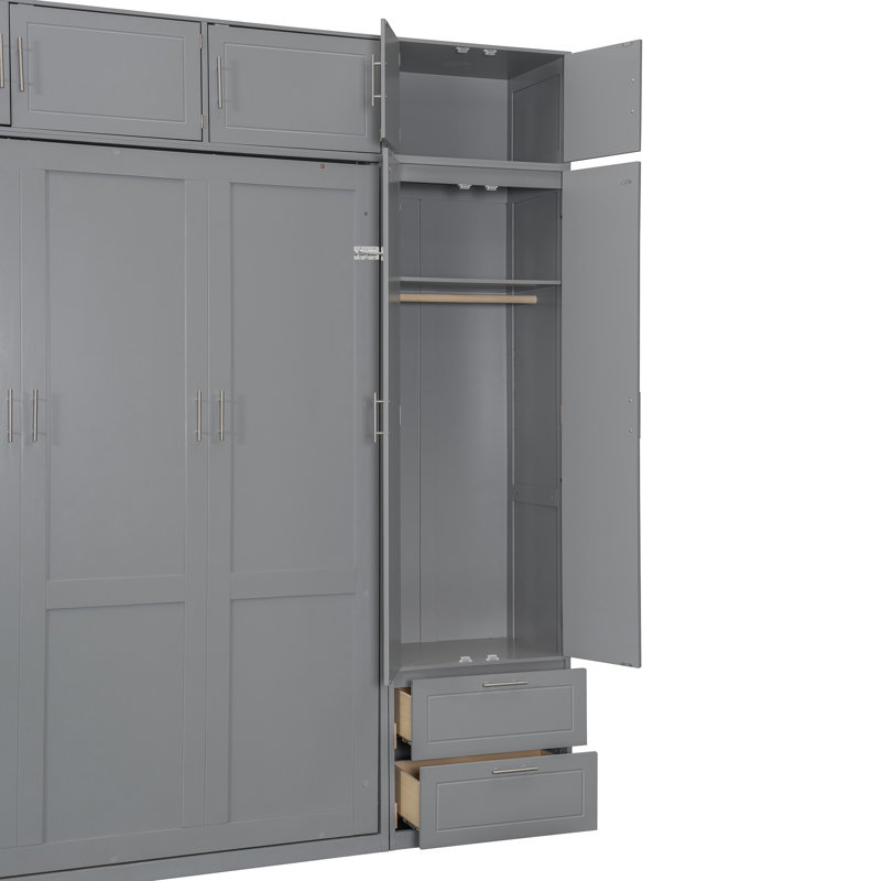 Grand lit escamotable mural avec armoire supérieure, tablettes et garde-robe - Lit pliant peu encombrant gris, gris