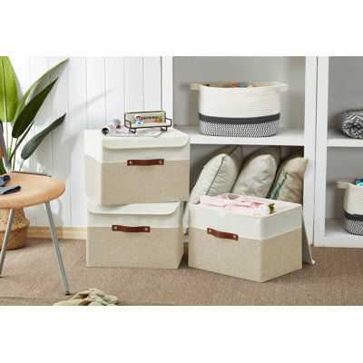 Foldable Lidded Storage Bin Collapsible Sturdy Cationic Fabric Storage Basket Cube Handles
