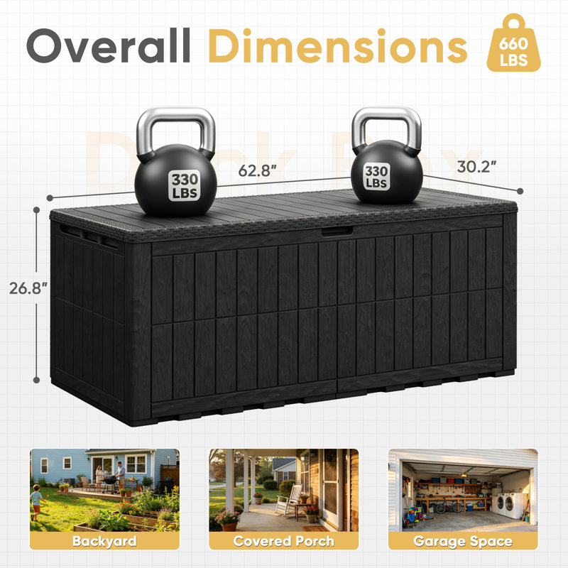 Coffre de terrasse en résine résistant aux intempéries 230 gallons verrouillable, Black