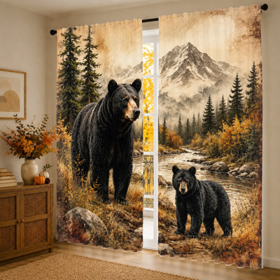 2Pcs Black Bear Nature Curtains, light filtering fabric, scenic mountain river forest print, decorative privacy protection, rod-pocket design, suitable for living room, bedroom, balcony, kitchen home decor