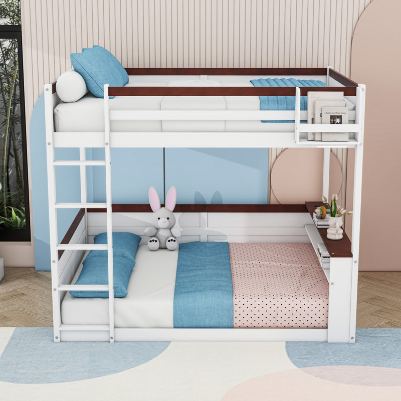 Queen Over Queen Bunk Bed With Built-In Shelves, LED Light And USB Charging Station, White
