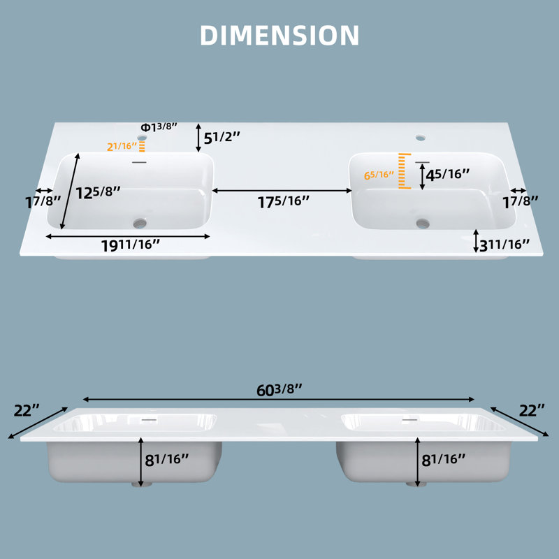 Dessus de meuble-lavabo double 60 "à surface solide en blanc avec lavabo