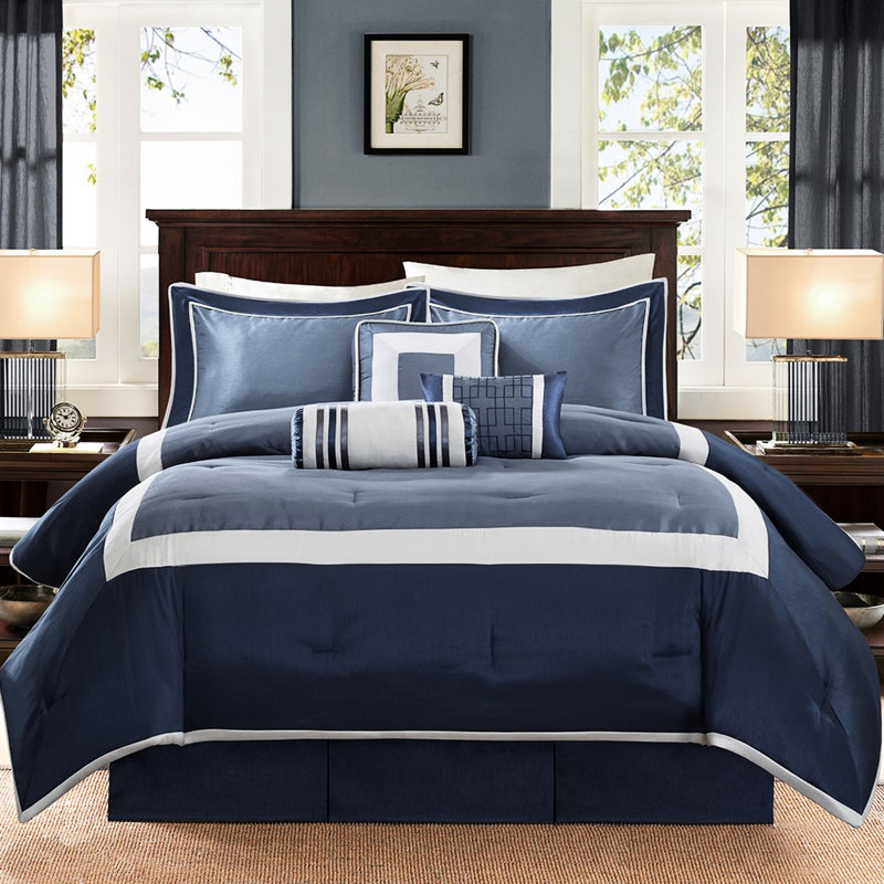 Édredon 7 pièces en grand bleu marine - et édredon décoratif doux avec coussins découpés froissés, Marine
