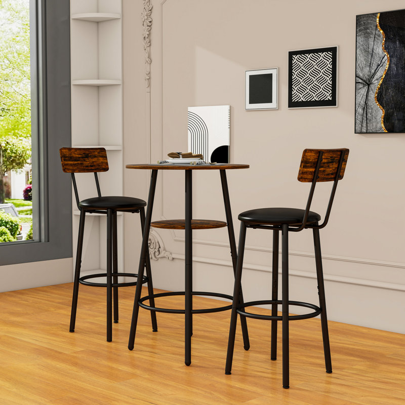Ensemble de tabourets de bar 3 pièces avec table ronde, tabouret à sièges rembourrés et tablette de rangement, Noir