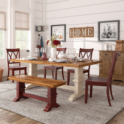 Fortville 78" Solid Wood Oak Finish Top Dining Set With X-Back Chairs - 7-Piece, Antique White Base Table, Antique Red Base Chairs And Bench