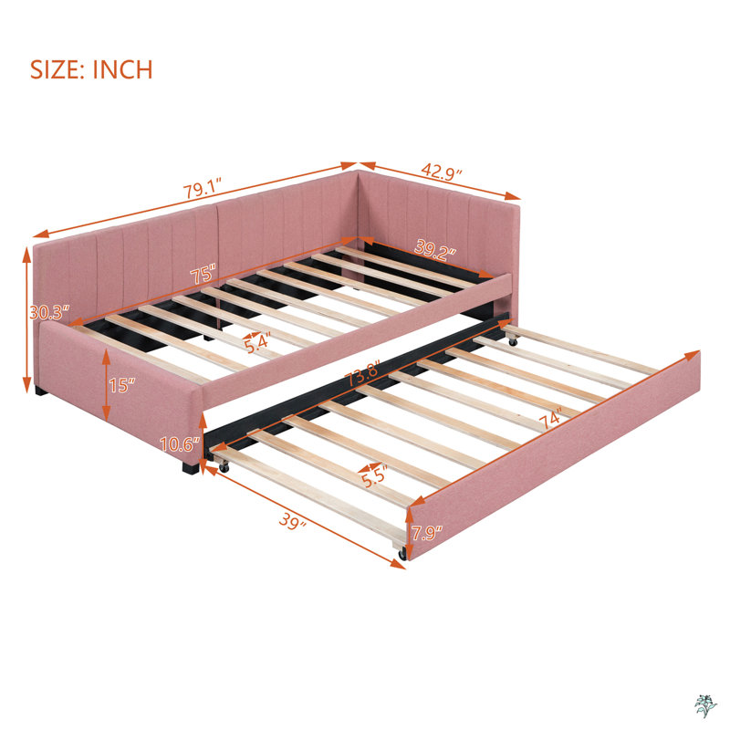 Upholstered Daybed With Trundle Twin Size Sofa Bed Frame No Box Spring Needed, Linen Fabric