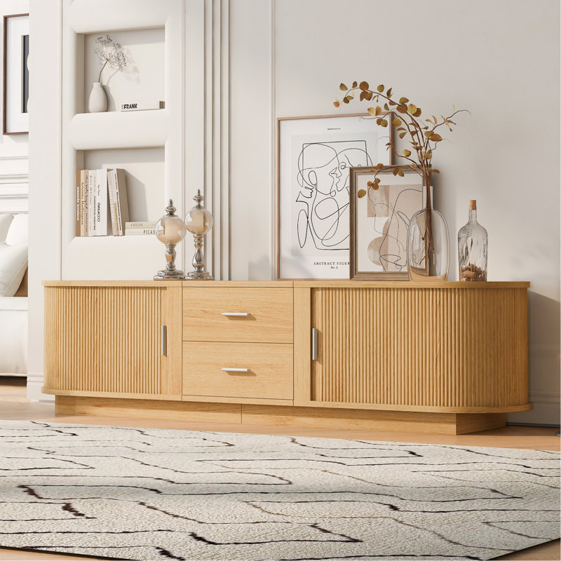 Meuble télé moderne avec tiroirs, rangement coulissant caché, coins arrondis et surface imperméable, pour téléviseurs de 65 à 70 po