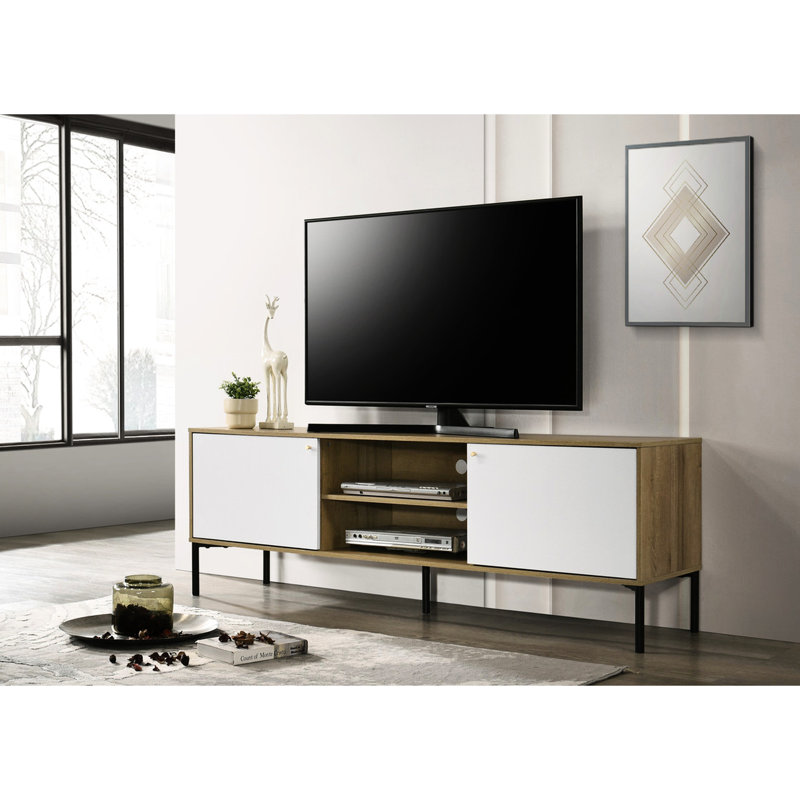 70"W White And Oak Tv Stand With 2 Door Storage Unit Adjustable Rack 2-Door Shelf Cable Management Outlet Hole