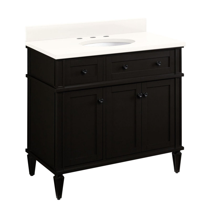 Elmdale 36" Freestanding Mahogany Single Basin Vanity  Oval Undermount Sink - 8" Faucet Holes, Arctic White Quartz, Black