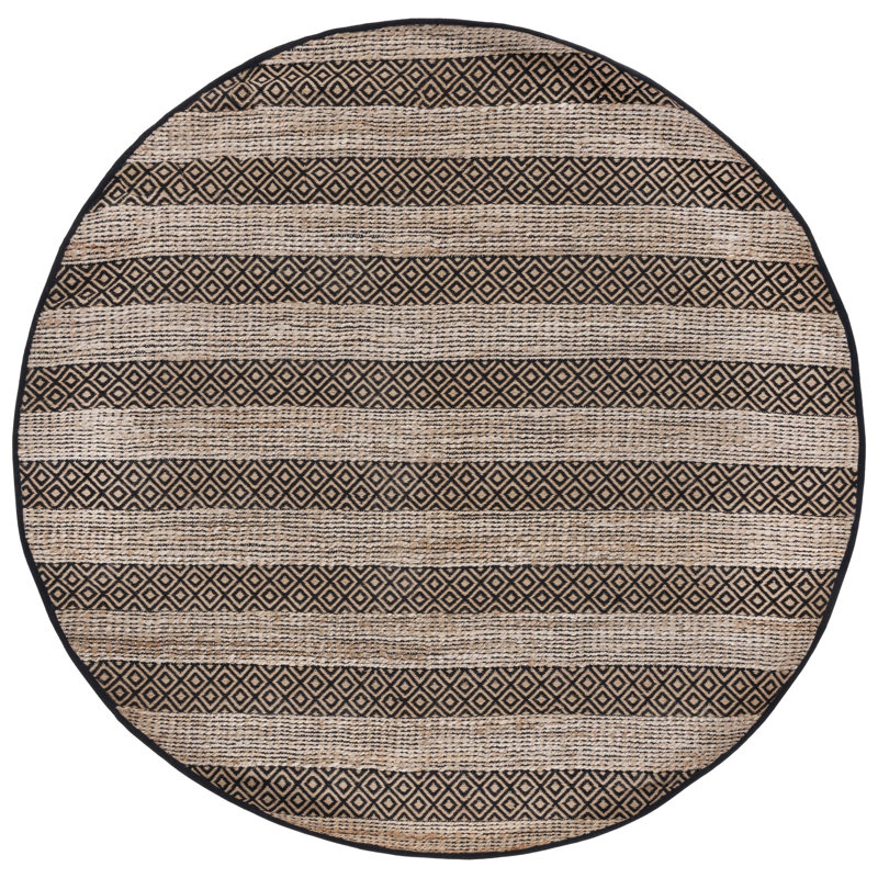 Lexi-Amelia Natural Fiber Flat Weave Jute/Cotton Striped Rug in Black/Natural, Round 7'