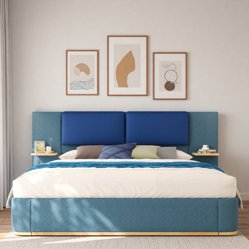Lit plateforme tapissier avec tablettes, Bleu, Très grand lit