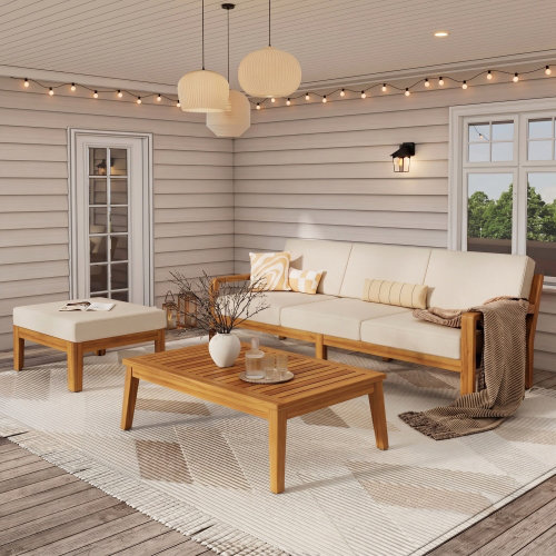 Ensemble de canapé modulaire de patio 3 pièces avec structure en bois d'acacia, coussins, beige