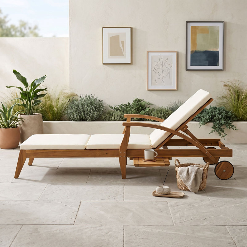 Chaise longue d'extérieur avec roulettes, dossier réglable à 4 positions, coussin épais et structure en bois massif