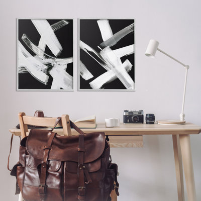 Abstrait lignes blanches sur fond noir, ensemble de 2 estampes numériques encadrées par Susan Jill