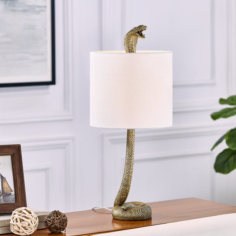 23" Gold Resin Cobra Table Lamp With Linen Shade, Gold, White