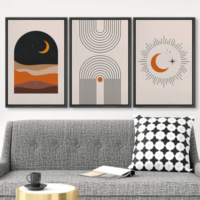 Mid Century Modern Boho Geometric Crescent Moon Landscapes Abstract Nature - 3 Piece Print Set on Canvas
