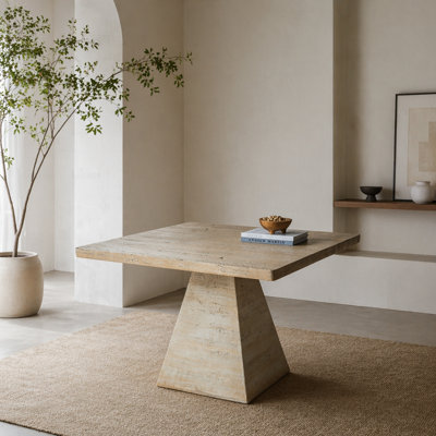 40X40x29.5" Cream Square Dining Table With Pedestal Base