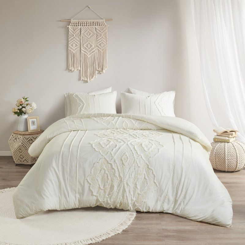 Full White Cotton Comforter Set with Embroidered Shams