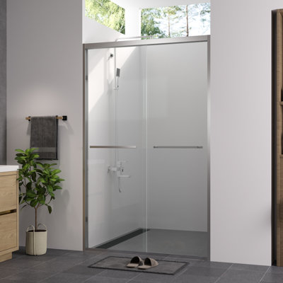 Porte de douche coulissante double 44 à 48 po x 76 po pour salle de bain, verre trempé transparent de 1/4 po (6 mm), cadre en aluminium et configuration réversible