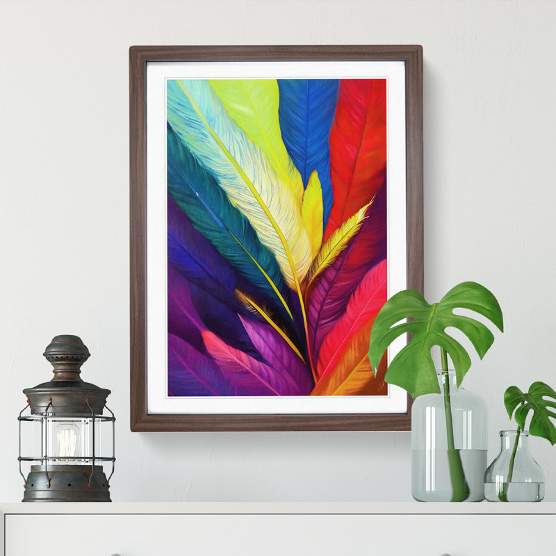 Vibrant Feathers No.1 - Single Picture Frame Painting, 34cm H x 25cm W x 2cm D, Brown Framed