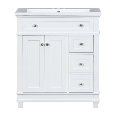 Ensemble de meuble-lavabo 30 po avec ensemble de meuble-lavabo, lavabo en résine encastré, ensemble de meuble-lavabo autoportant avec 2 tiroirs et portes à fermeture douce, armoire de salle de bain à cadre en bois massif
