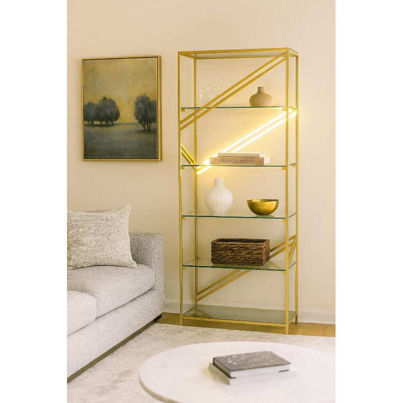 Table d'appoint à DEL 20 lumières en acier inoxydable doré avec dessus en verre