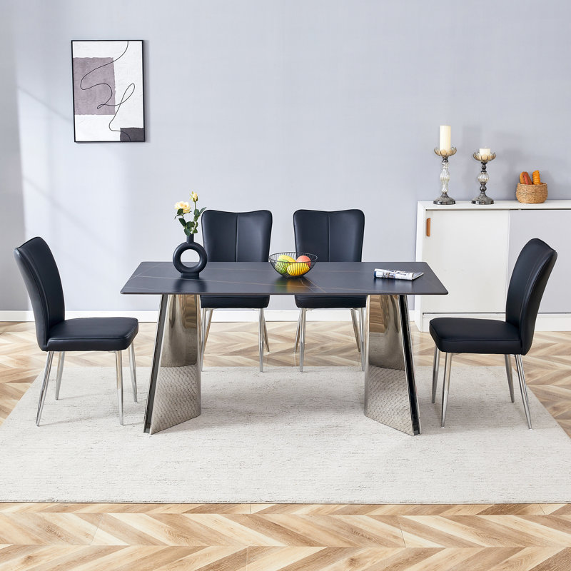  Ensemble de 5 tables de salle à manger en marbre avec pieds papillon en acier inoxydable et chaises en polyuréthane avec dossier à rayures