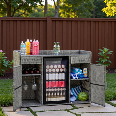 Outdoor Wicker Storage Cabinet With Black Tempered Glass Desktop, Fridge Space, 2 Glass Bottle Holders, 2 Large Drawers And Adjustable Shelves