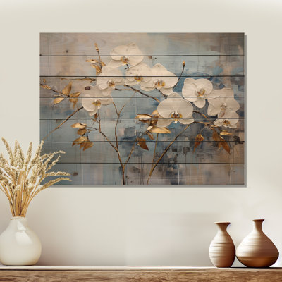 Blue And Gold Orchid Bloom I - Orchids Wood Art On Natural Pine Wood