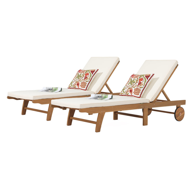 Chaise longue d'extérieur 2 places en bois d'acacia, coussins et roulettes inclus