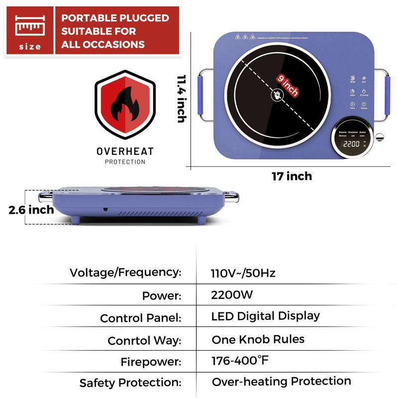 Brûleur de comptoir électrique simple, réchaud électrique de 2200 W, un brûleur avec écran tactile à DEL, commande à bouton et minuterie de 4 heures, 4 niveaux de température, protection contre la surchauffe, prise de 110 V à 120 V