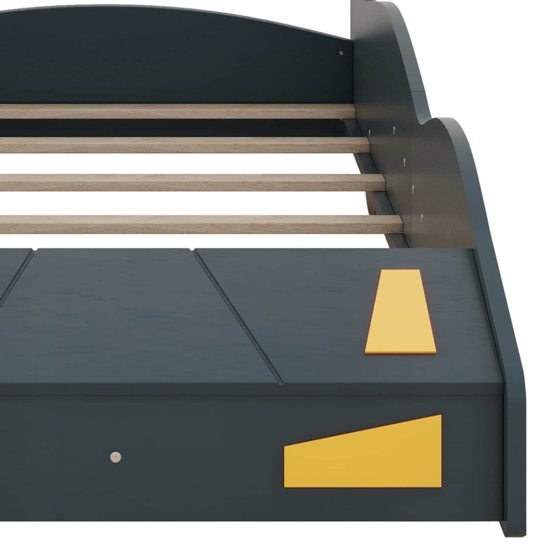 Lorden Twin Size Race Car-Shaped Platform Bed, Dark Blue/Yellow, Twin