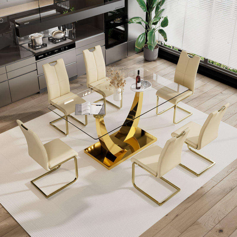 Ensemble de salle à manger 7 pièces, Or, Beige/Or