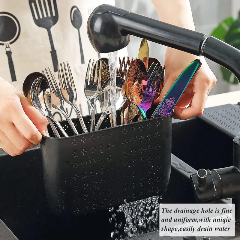 Over-Sink Dish Drying Rack | 17.5"×15" Rollable Stainless Steel | Removable Basket | Kitchen Sink Organizer, Black/Gold