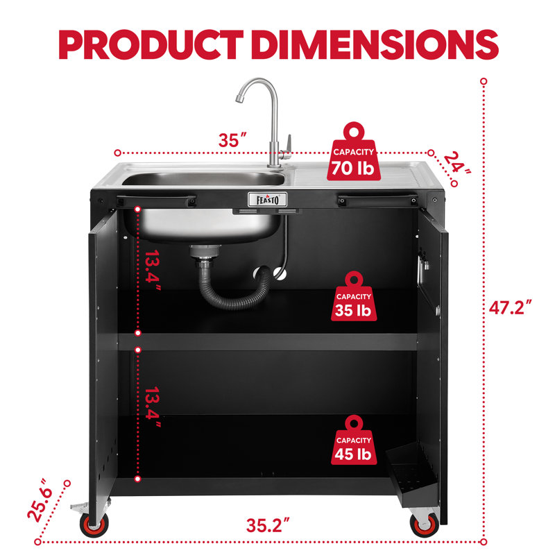FEASTO 35" Steel Outdoor Kitchen Island with Stainless Steel Sink and Storage Cabinet - Rolling BBQ Prep Station for Patio and Backyard