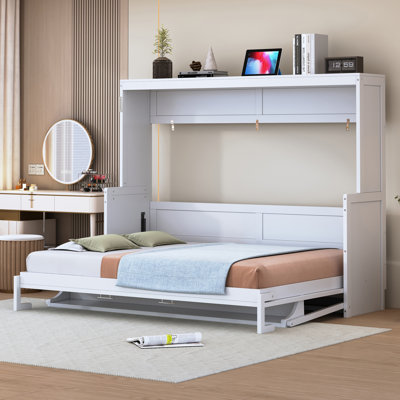 Lit escamotable double avec élévateur hydraulique et bureau - Lit mural peu encombrant pour petits appartements, blanc