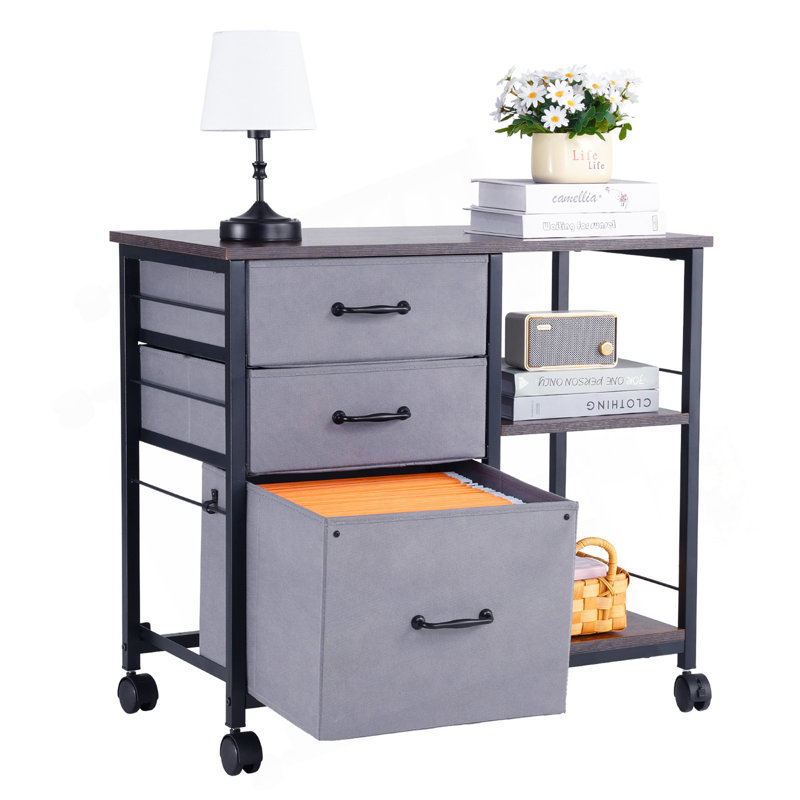 Mobile Metal File Cabinet with 3 Fabric Drawers and 2 Open Shelves, Perfect for Organized and Efficient Office Spaces, Multi