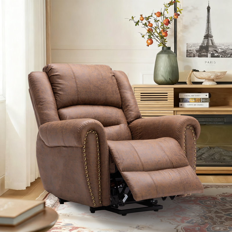 42'' Vintage Oversize Vegan Leather Rivet Power Reclining Chair with Remote Control, Matte Brown Faux Leather
