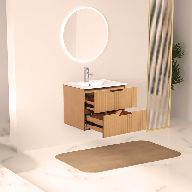 Ensemble de meuble-lavabo mural 24 po avec lavabo en céramique, Marron clair