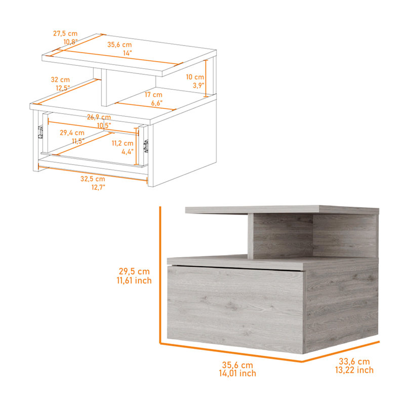 Macadamia 2-Tier Floating Nightstand With Shelf – Stylish And Functional Bedside Table, Light Gray
