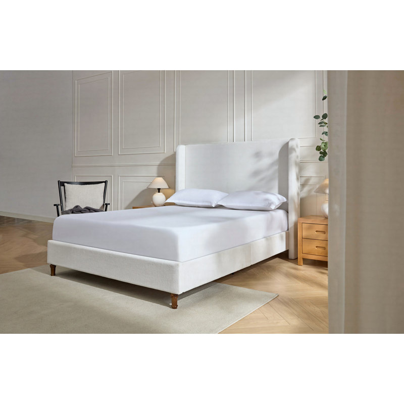 Harper Tall Headboard Upholstered Bed / 54" High Headboard / Elegant Simplicity  / No Box Spring Needed / Easy Assembly / Textured Ivory Canvas