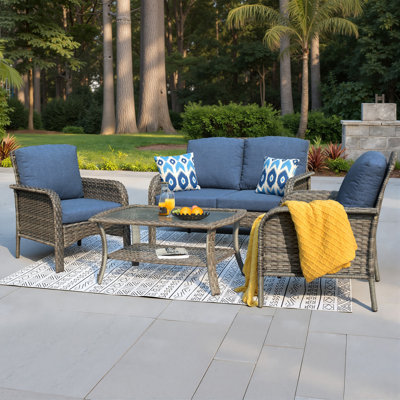 4-Piece Wicker Patio Conversation Set with Cushions and Glass Coffee Table