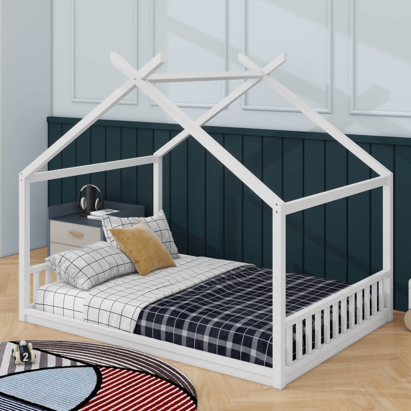 Lit de maison de style Montessori pour enfants, cadre de lit au sol avec tête et pied de lit, Double, Blanc