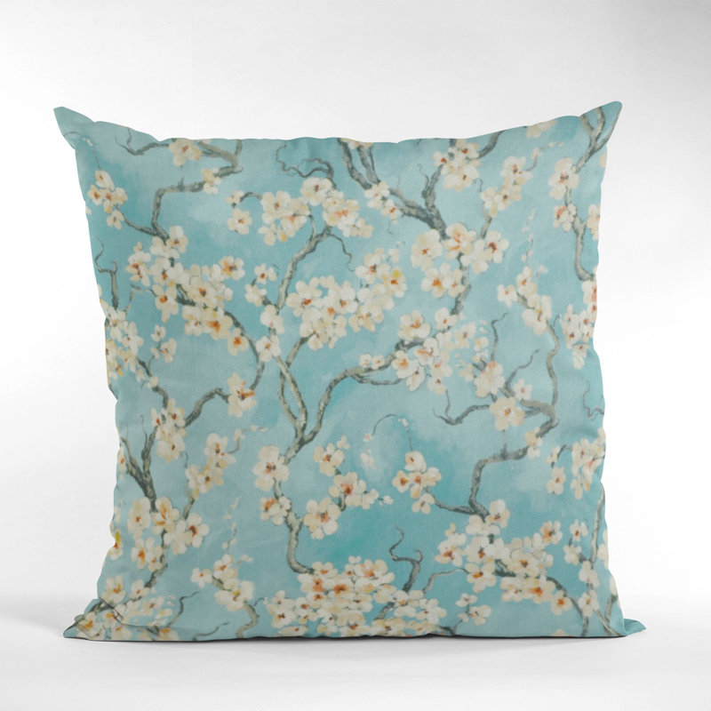 Plutus Garden Cherry Blossoms Printed On A Linen Looking Polyester. Luxury Throw Pillow Rectangular, Azure, 20" x 26"
